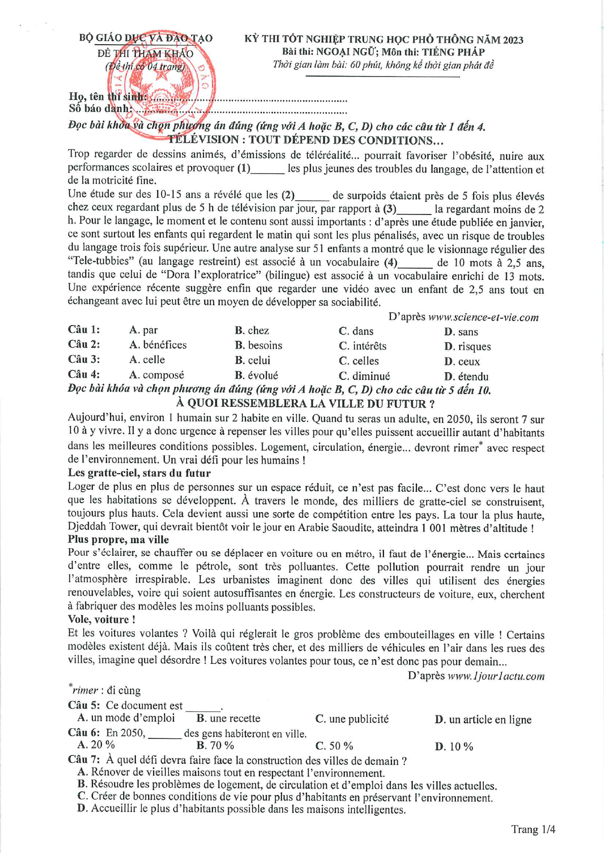 Đề tham khảo tốt nghiệp THPT môn Tiếng Pháp năm 2023 (có đáp án chi tiết) (ảnh 1)