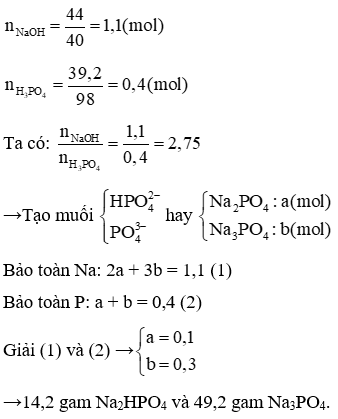 Cho 39,2 gam H3PO4 vào dung dịch chứa 44 gam NaOH. Sau khi phản ứng xảy ra hoàn toàn (ảnh 1)