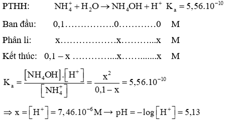 Tính pH của dung dịch NH4Cl 0,10M? (biết Ka( ) )= 5,56.10-10). Bỏ qua sự phân li  (ảnh 1)