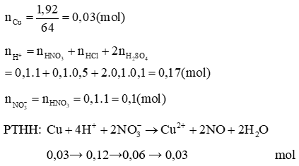 Cho 1,92 gam Cu tác dụng với 100 ml dung dịch A chứa HNO3 1M, HCl 0,5M