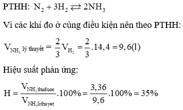 Cho lượng N2 dư tác dụng với 14,4 lít H2 thu được 3,36 lít NH3. Tính hiệu suất (ảnh 1)