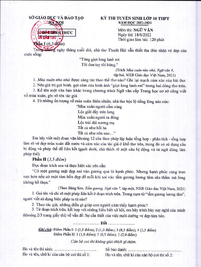 Đề thi vào 10 môn Ngữ văn Hà Nội chính thức (2022) có đáp án (ảnh 1)
