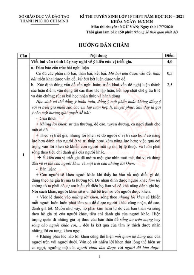 Đề thi vào 10 môn Ngữ văn TP. Hồ Chí Minh chính thức (2022) có đáp án (ảnh 1)