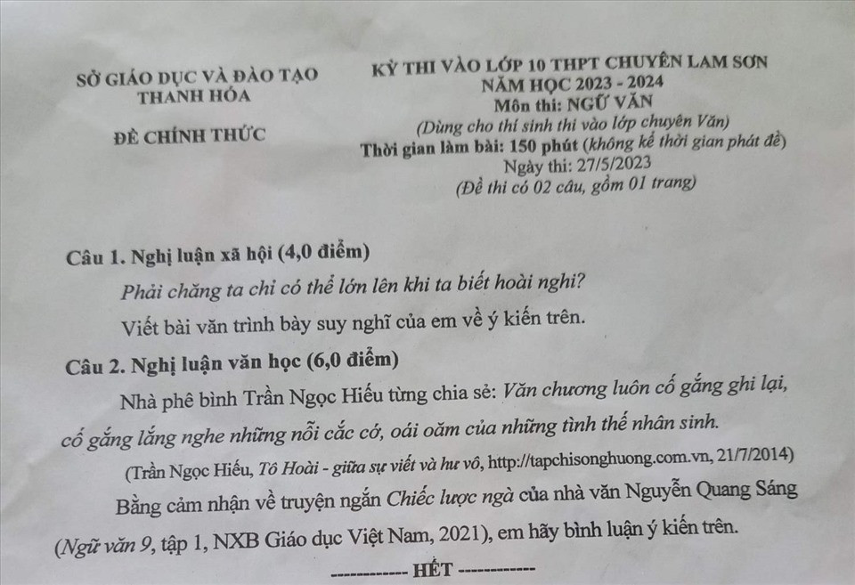 Đề thi vào 10 môn Văn (chuyên) THPT Chuyên Lam Sơn - Thanh Hóa (2023 - 2024) mới nhất kèm đáp án (ảnh 1)