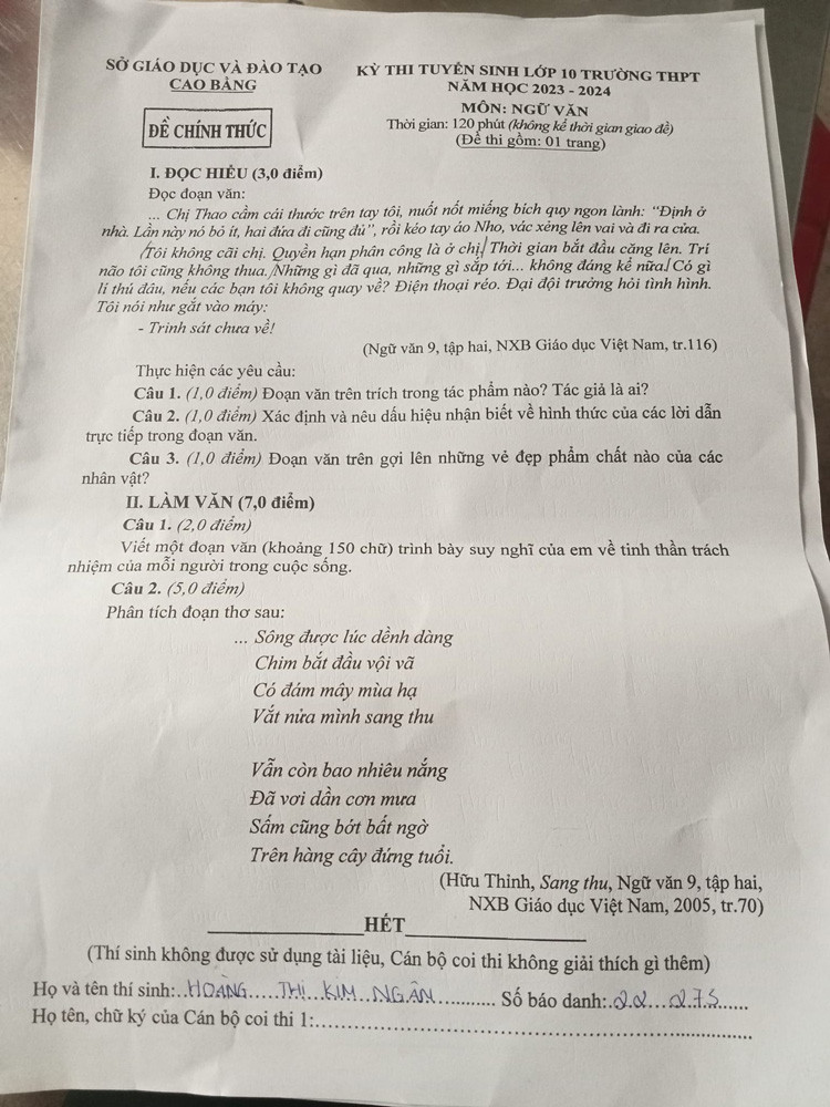 Đề thi vào 10 môn Văn Tỉnh Cao Bằng (2023 - 2024) mới nhất kèm đáp án (ảnh 1)