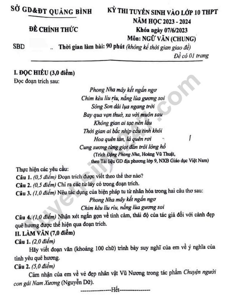 Đề thi vào 10 môn Văn Tỉnh Quảng Bình (2023 - 2024) mới nhất kèm đáp án (ảnh 1)