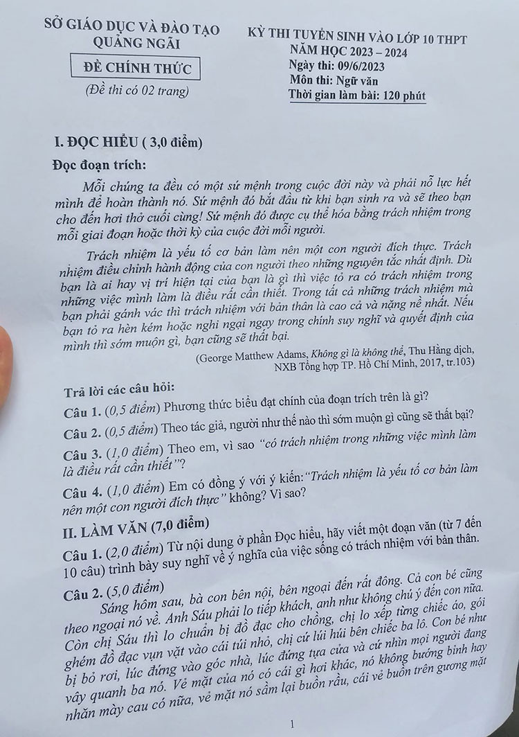 Đề thi vào 10 môn Văn Tỉnh Quảng Ngãi (2023 - 2024) mới nhất kèm đáp án (ảnh 1)