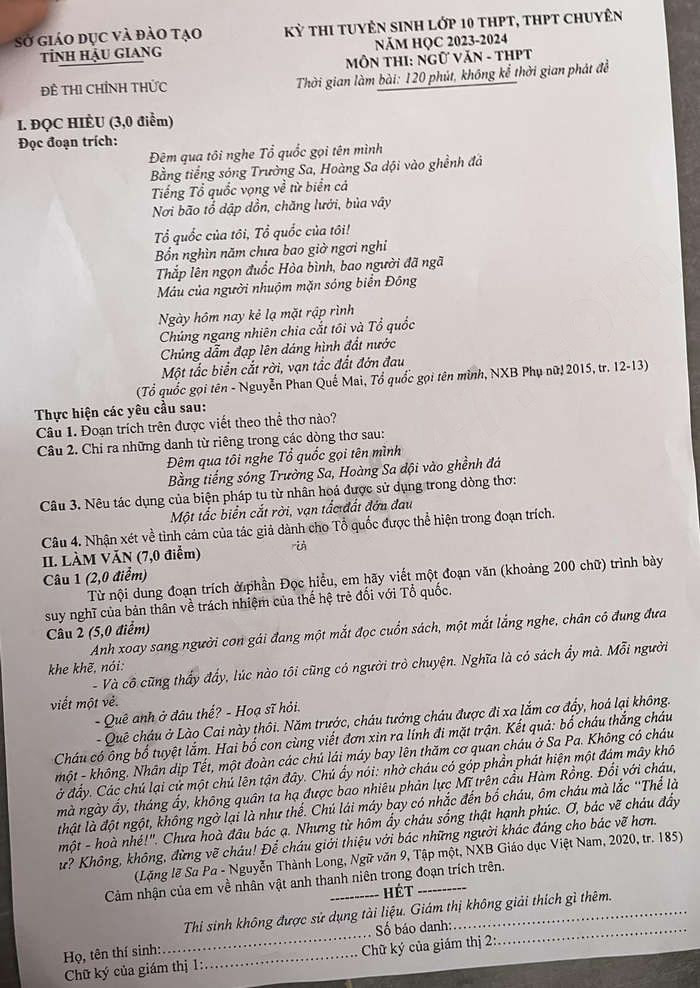 Đề thi vào 10 môn Văn Tỉnh Hậu Giang (2023 - 2024) mới nhất kèm đáp án (ảnh 1)