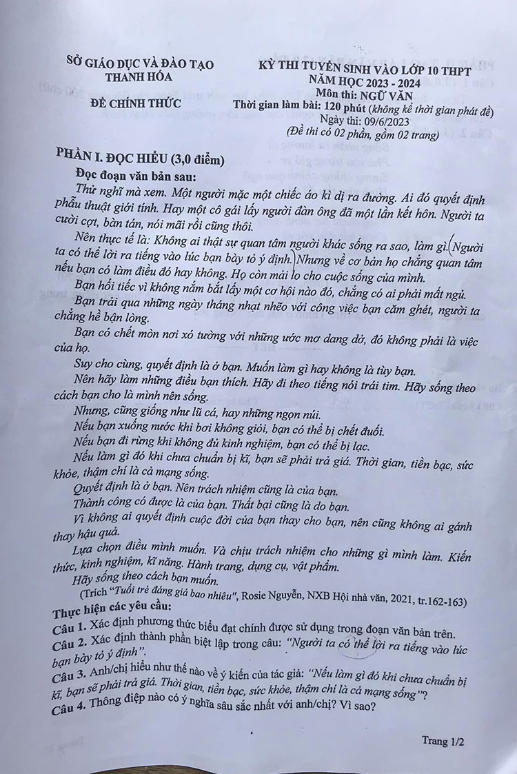 Đề thi vào 10 môn Văn Tỉnh Thanh Hóa (2023 - 2024) mới nhất kèm đáp án (ảnh 1)