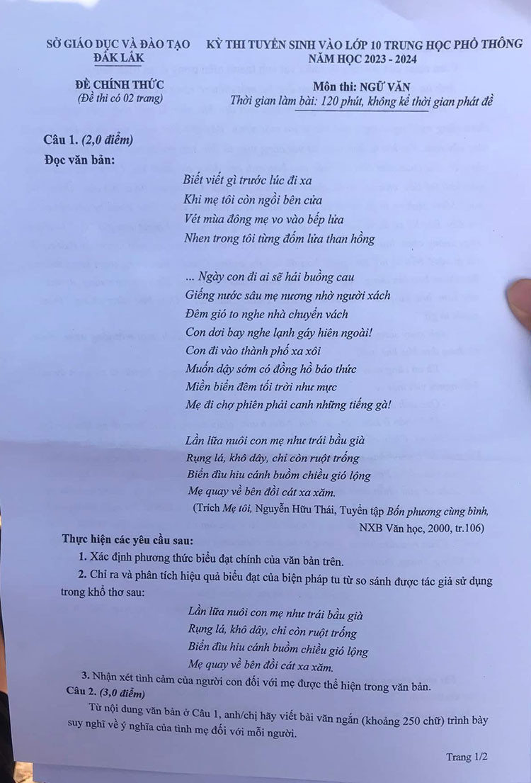 Đề thi vào 10 môn Văn Tỉnh Đắk Lắk (2023 - 2024) mới nhất kèm đáp án (ảnh 1)