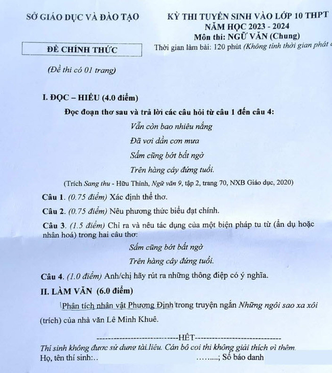 Đề thi vào 10 môn Văn Tỉnh Đắk Nông (2023 - 2024) mới nhất kèm đáp án (ảnh 1)