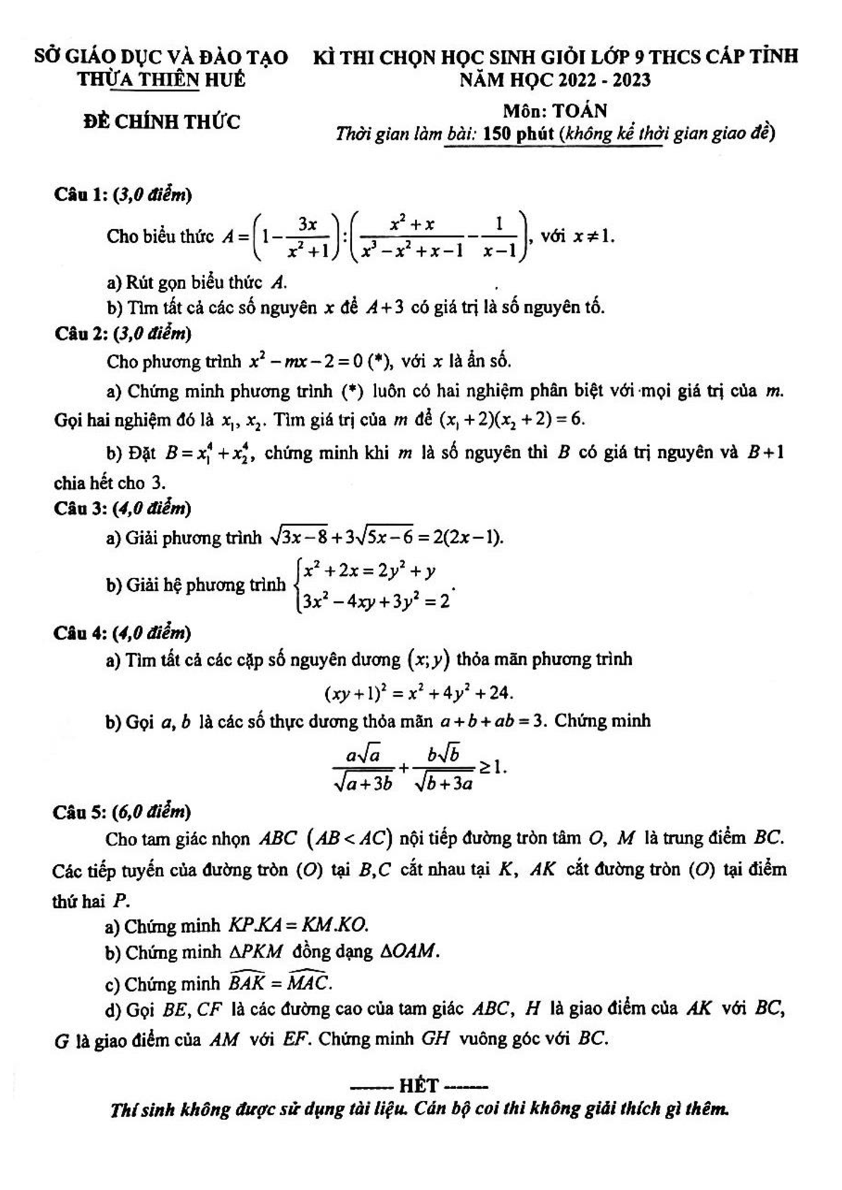 Đề thi HSG Toán 9 năm 2023 Sở GD&ĐT Thừa Thiên Huế (có đáp án)  (ảnh 1)