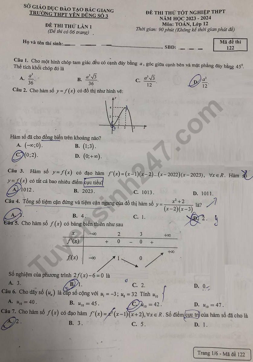 Đề thi thử THPT Quốc gia 2024 môn Toán - THPT Yên Dũng 3 (có đáp án) (ảnh 1)