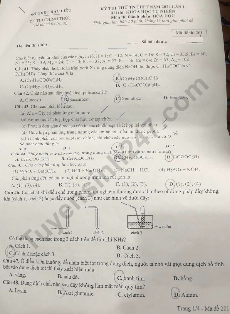 Đề thi thử THPT Quốc gia 2024 môn Hóa - Sở GD&ĐT Bạc Liêu có đáp án (ảnh 1)