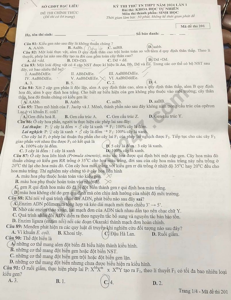 Đề thi thử THPT Quốc gia 2024 môn Sinh học - Sở GD&ĐT Bạc Liêu có đáp án  (ảnh 1)