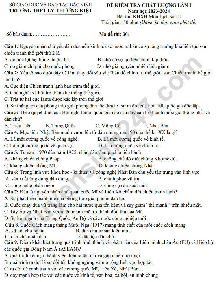 Đề thi thử THPT Quốc gia 2024 môn Lịch sử - THPT Lý Thường Kiệt (Bắc Ninh) có đáp án (ảnh 1)