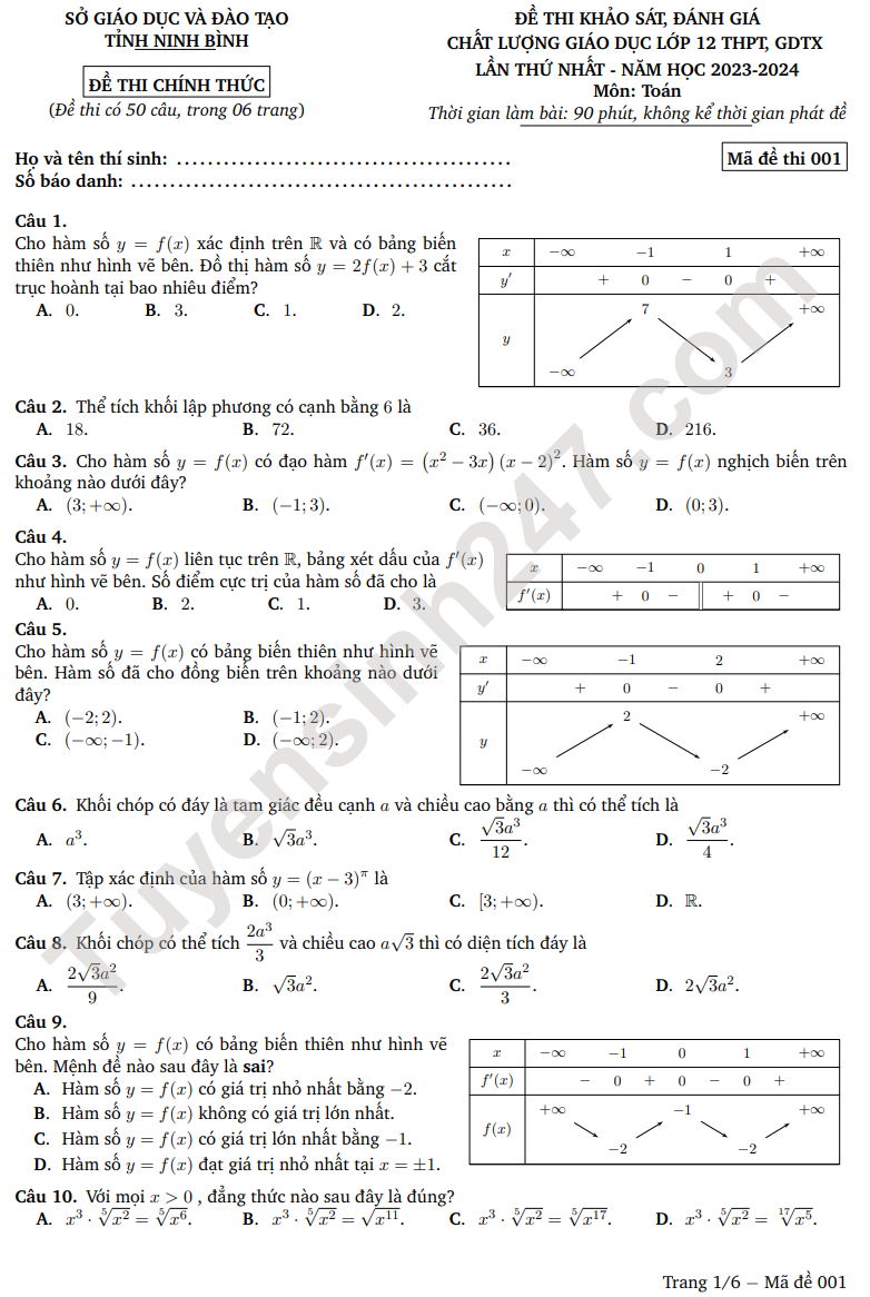 Đề thi thử THPT Quốc gia 2024 môn Toán - Sở GD&ĐT Ninh Bình (có đáp án) (ảnh 1)