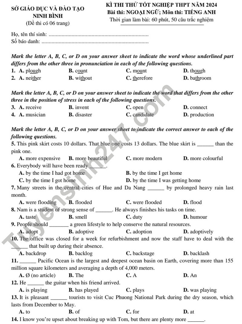 Đề thi thử THPT Quốc gia 2024 môn Tiếng Anh Sở GD&ĐT Ninh Bình có đáp án  (ảnh 1)