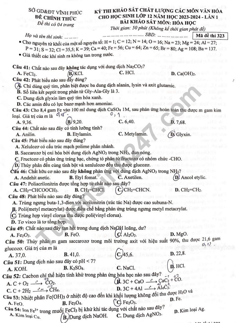 Đề thi thử THPT Quốc gia 2024 môn Hóa Sở GD&ĐT Vĩnh Phúc có đáp án (ảnh 1)