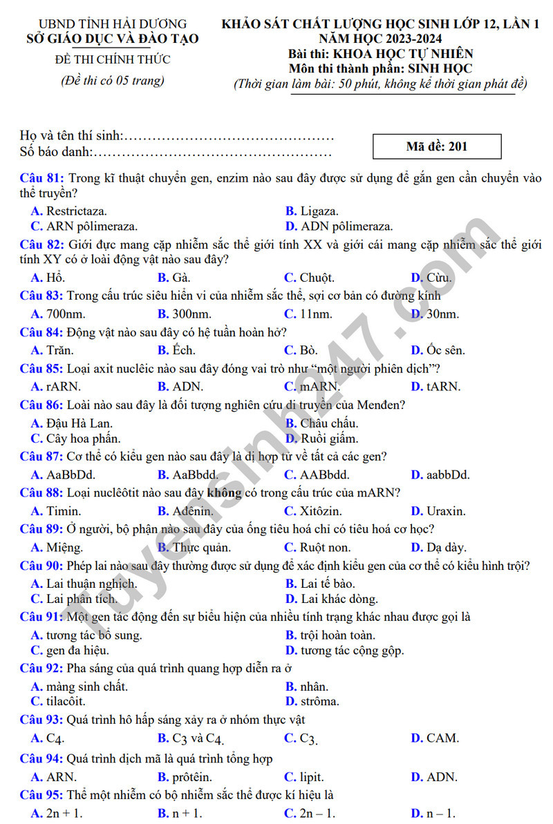 Đề thi thử THPT Quốc gia 2024 môn Sinh học Sở GD&ĐT Hải Dương có đáp án (ảnh 1)