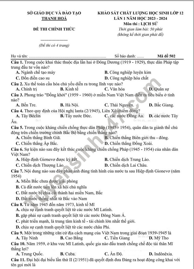 Đề thi thử THPT Quốc gia 2024 môn Lịch sử Sở GD&ĐT Thanh Hóa có đáp án (ảnh 1)