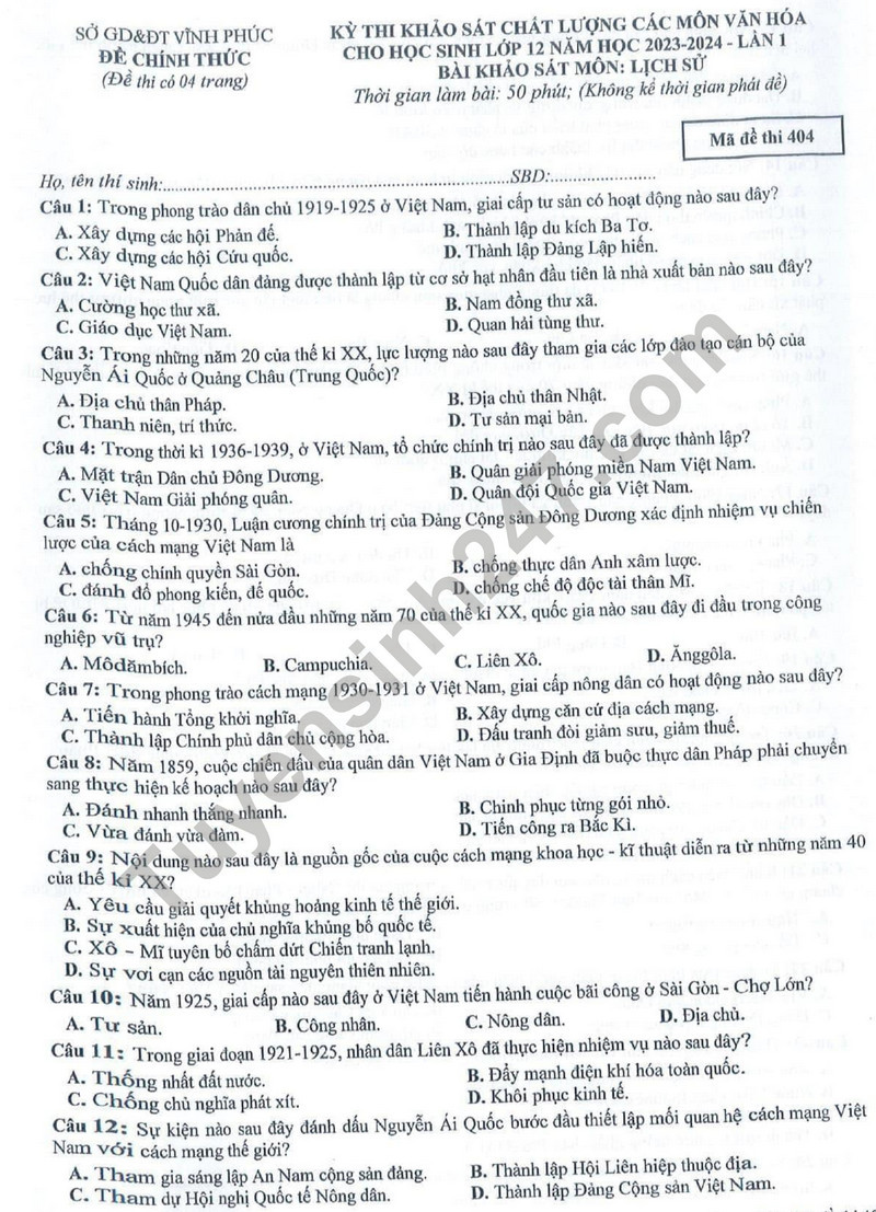 Đề thi thử THPT Quốc gia 2024 môn Lịch sử Sở GD&ĐT Vĩnh Phúc có đáp án (ảnh 1)