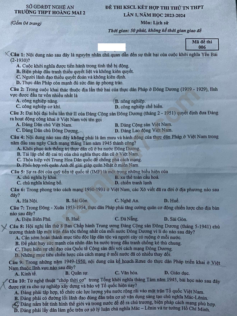 Đề thi thử THPT Quốc gia 2024 môn Lịch sử trường THPT Hoàng Mai 2 (Nghệ An) có đáp án (ảnh 1)