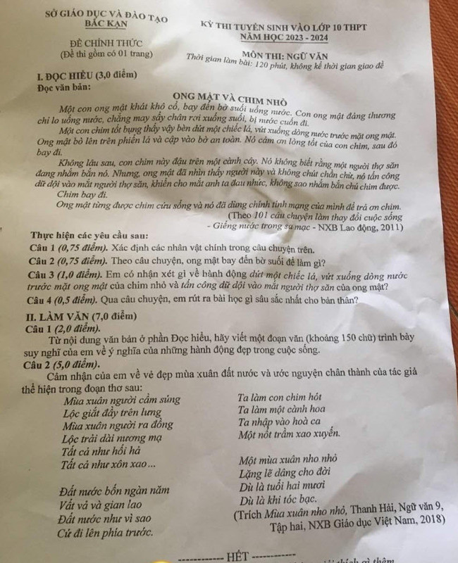 Đề thi vào 10 môn Văn Tỉnh Bắc Kạn (2023 - 2024) mới nhất kèm đáp án (ảnh 1)