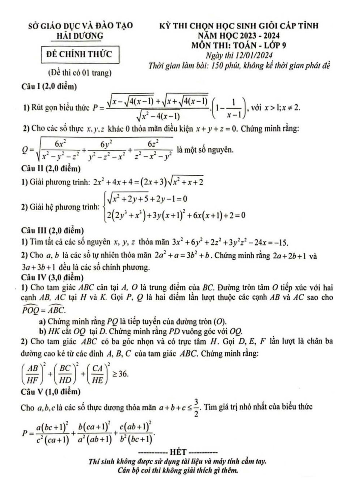 Đề thi HSG Toán 9 năm 2024 Sở GD&ĐT Hải Dương (có đáp án) (ảnh 1)