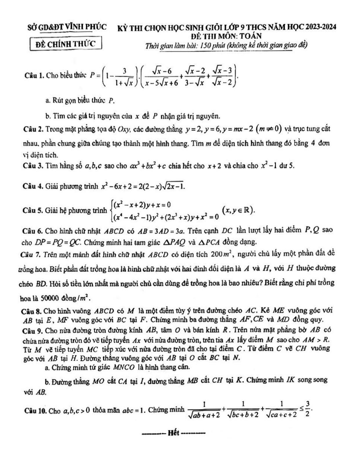 Đề thi HSG Toán 9 năm 2024 Sở GD&ĐT Vĩnh Phúc (có đáp án) (ảnh 1)