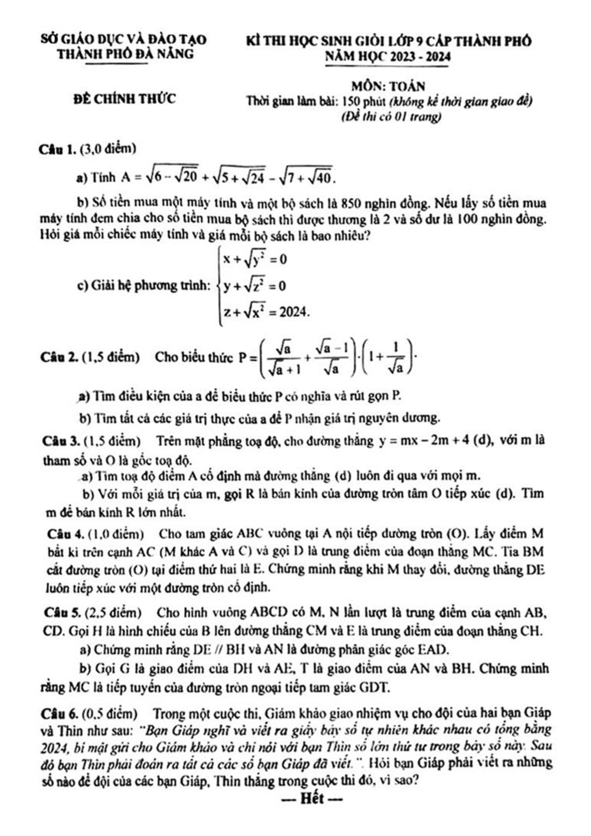 Đề thi HSG Toán 9 năm 2024 Sở GD&ĐT Đà Nẵng (có đáp án) (ảnh 1)