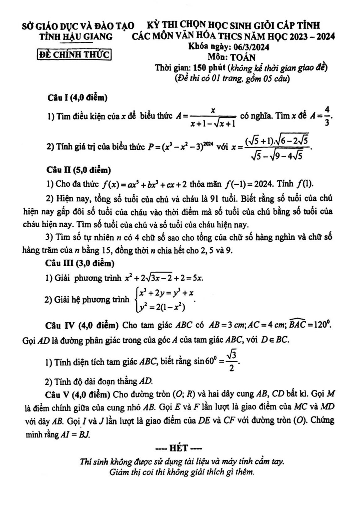 Đề thi HSG Toán 9 năm 2024 Sở GD&ĐT Hậu Giang (có đáp án)  (ảnh 1)
