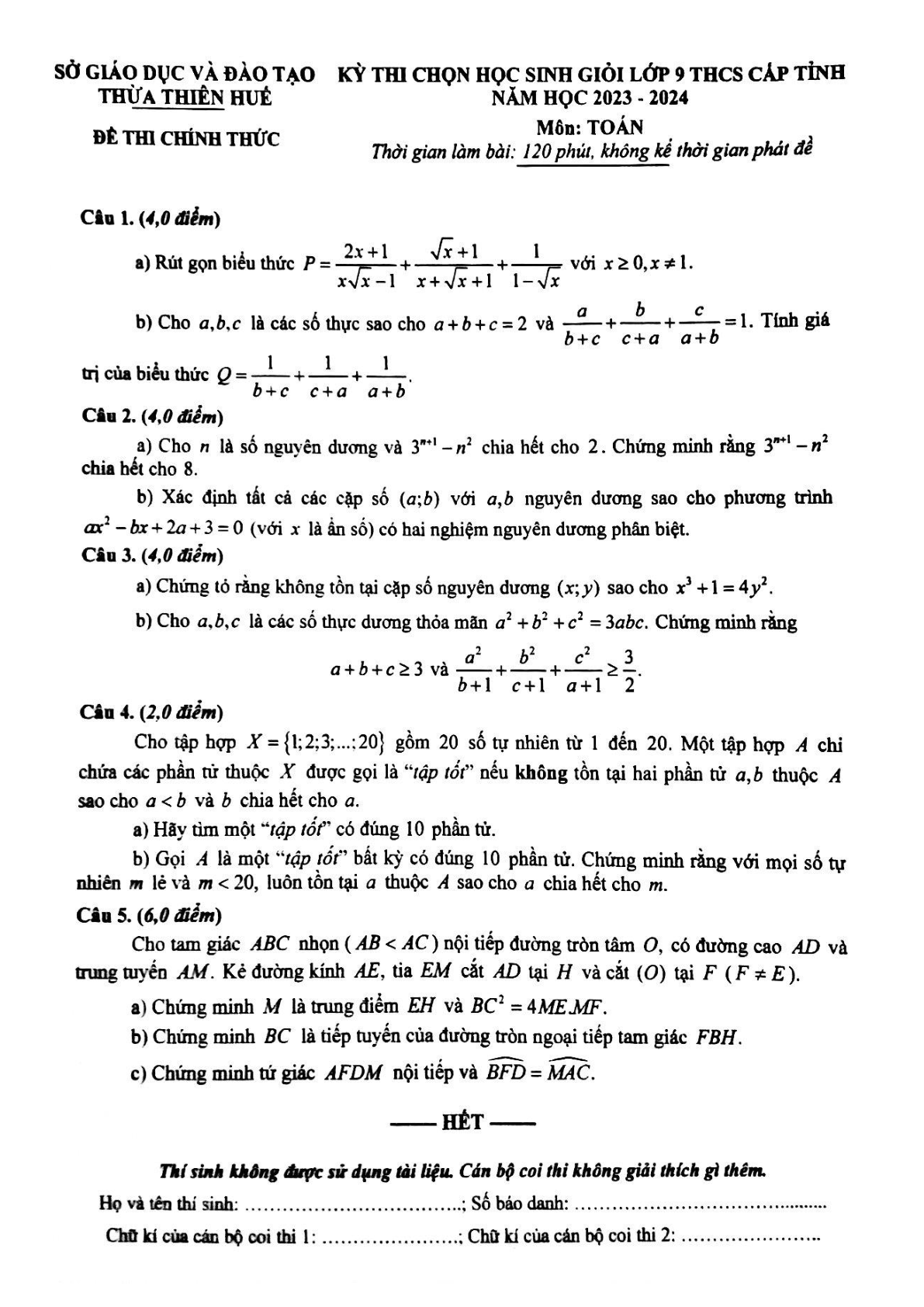 Đề thi HSG Toán 9 năm 2024 Sở GD&ĐT Thừa Thiên Huế (có đáp án) (ảnh 1)