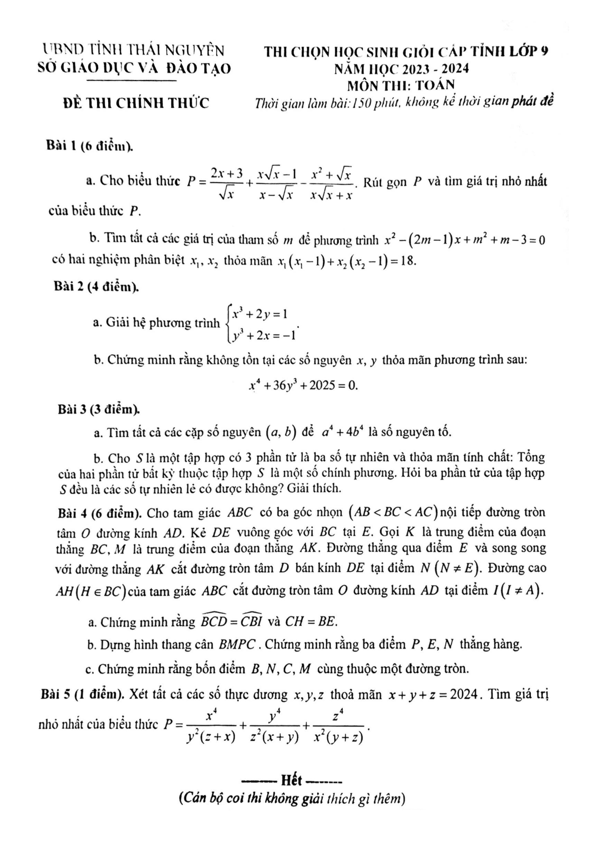 Đề thi HSG Toán 9 năm 2024 Sở GD&ĐT Thái Nguyên (có đáp án)  (ảnh 1)