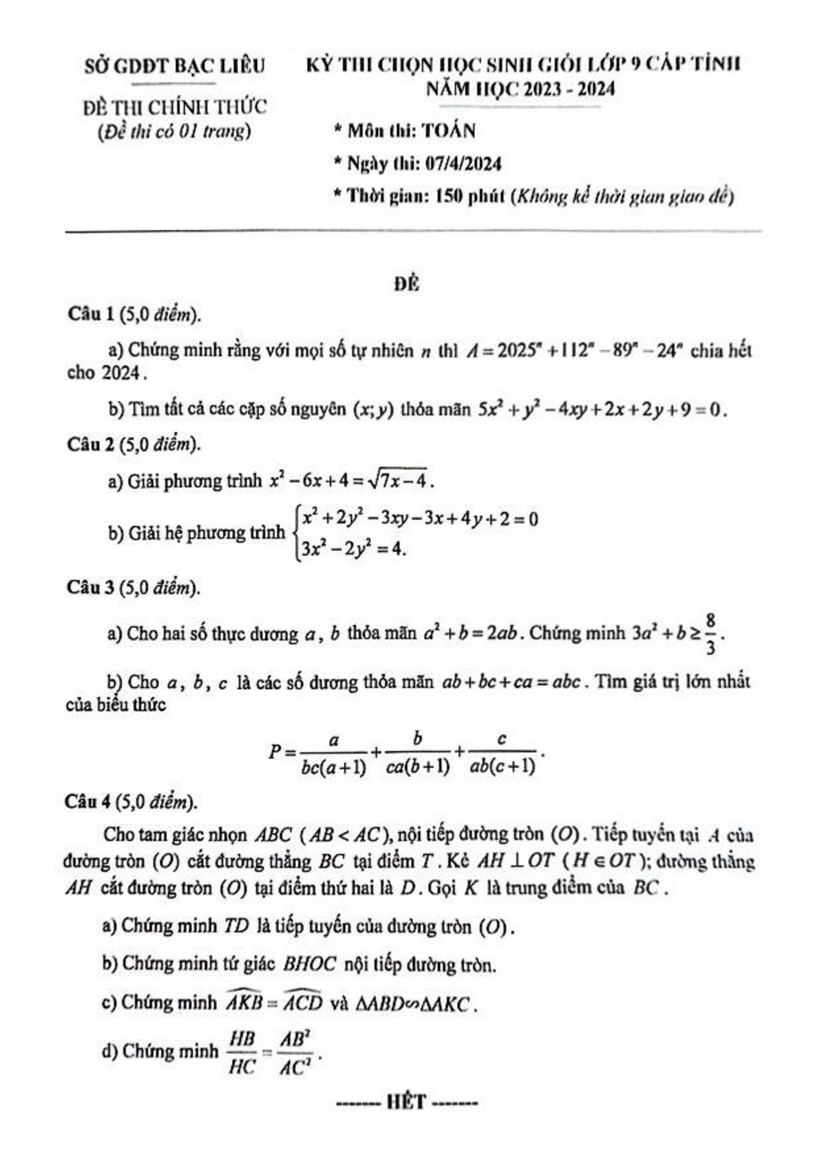 Đề thi HSG Toán 9 năm 2024 Sở GD&ĐT Bạc Liêu (có đáp án)  (ảnh 1)
