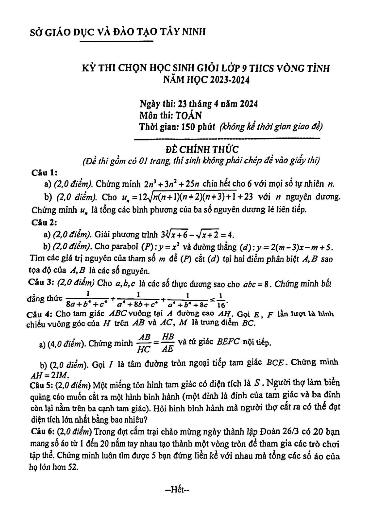 Đề thi HSG Toán 9 năm 2024 Sở GD&ĐT Tây Ninh (có đáp án) (ảnh 1)