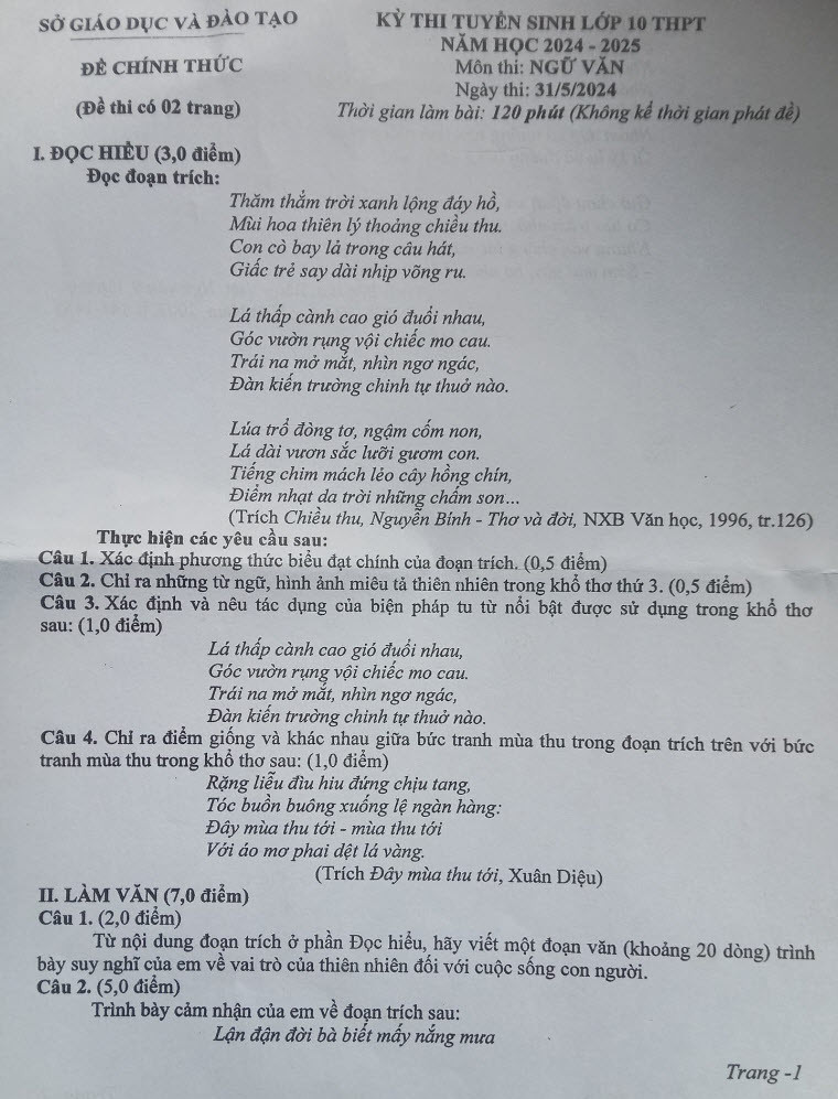 Đề thi vào 10 môn Văn chính thức Tỉnh Bình Dương (2024 - 2025) mới nhất kèm đáp án (ảnh 1)
