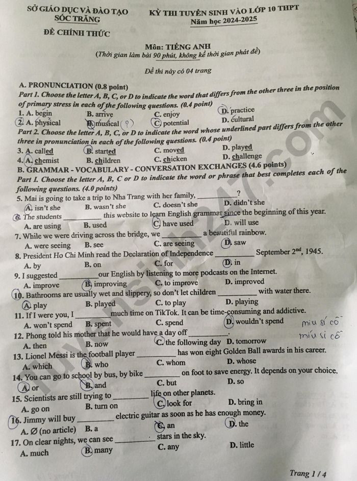 Đề thi vào 10 môn Tiếng Anh chính thức Tỉnh Sóc Trăng (2024 - 2025) mới nhất kèm đáp án (ảnh 1)