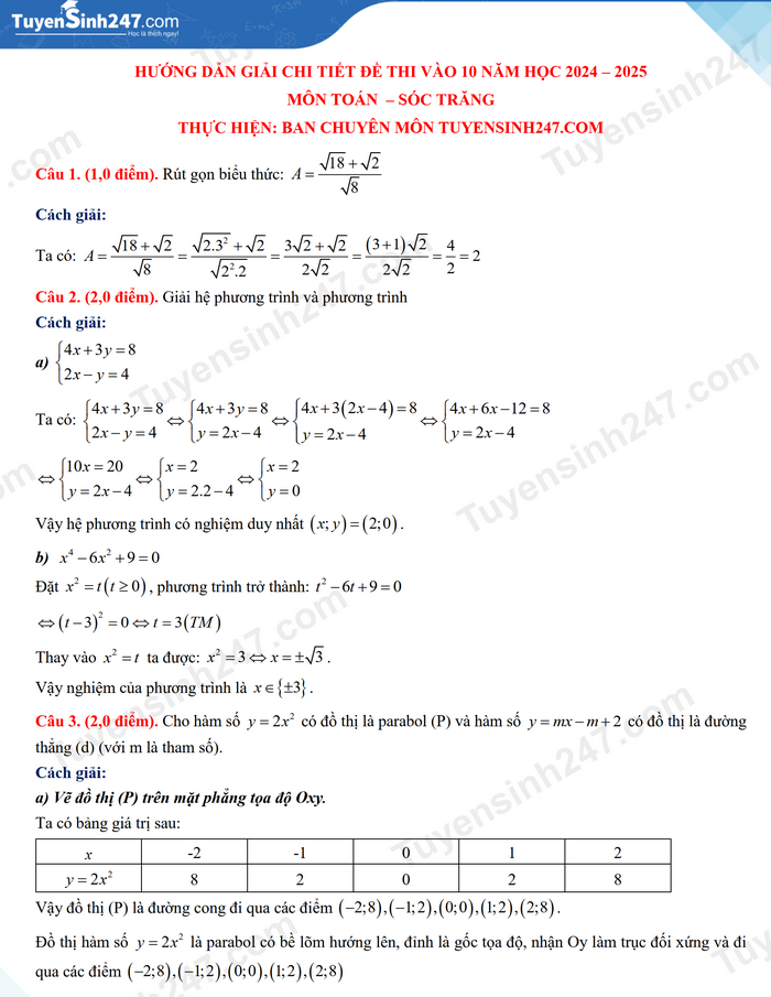 Đề thi vào 10 môn Toán chính thức Tỉnh Sóc Trăng (2024 - 2025) mới nhất kèm đáp án (ảnh 1)