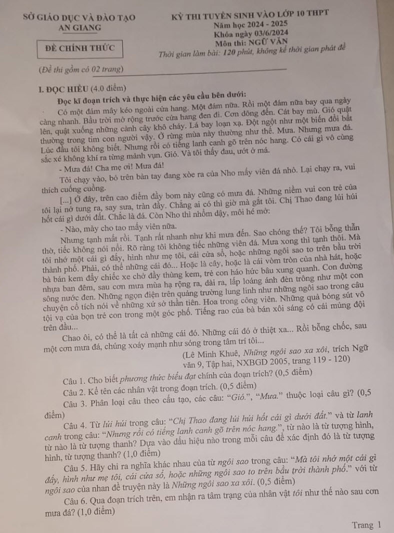 Đề thi vào 10 môn Văn chính thức Tỉnh An Giang (2024 - 2025) mới nhất kèm đáp án (ảnh 1)