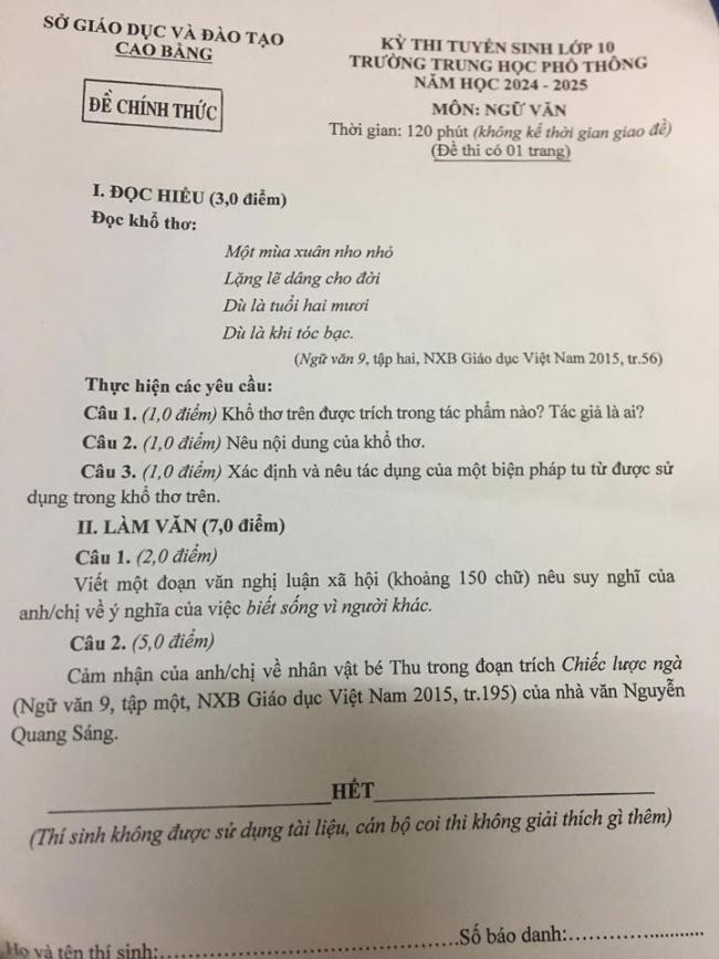 Đề thi vào 10 môn Văn chính thức Tỉnh Cao Bằng (2024 - 2025) mới nhất kèm đáp án (ảnh 1)