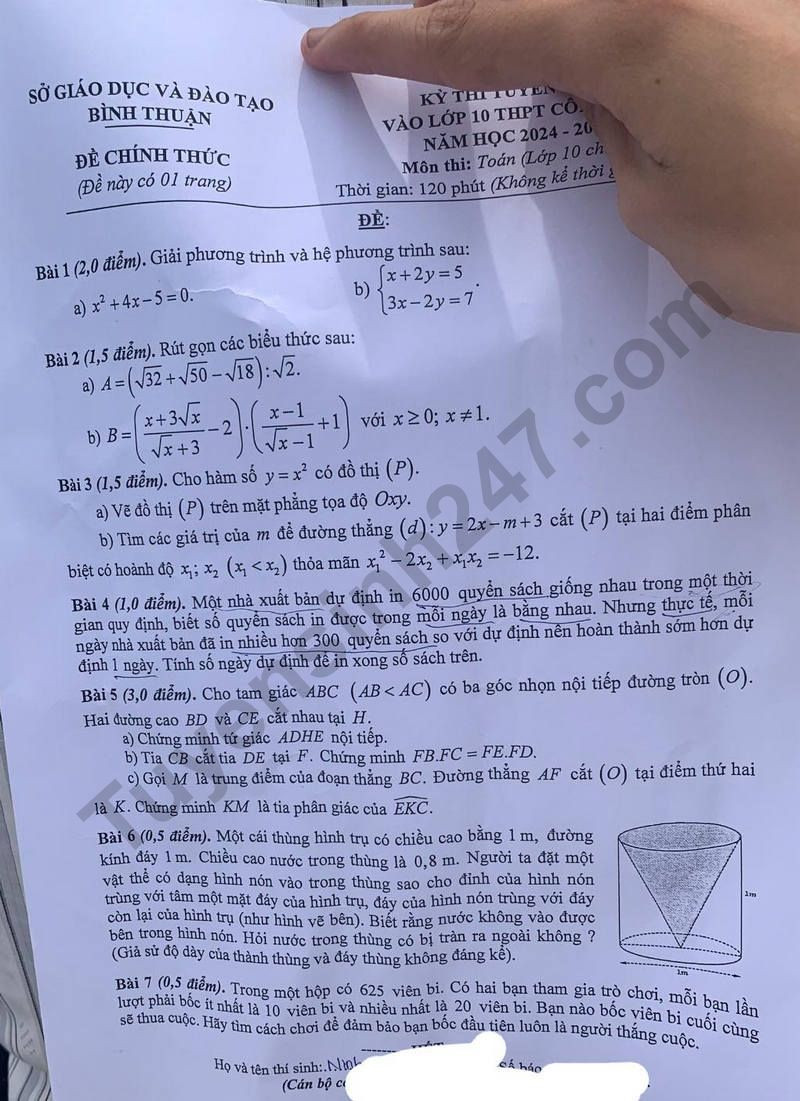 Đề thi vào 10 môn Toán chính thức Tỉnh Bình Thuận (2024 - 2025) mới nhất kèm đáp án (ảnh 1)