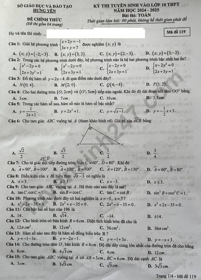 Đề thi vào 10 môn Toán chính thức Tỉnh Hưng Yên (2024 - 2025) mới nhất kèm đáp án (ảnh 1)