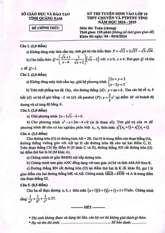 Đề thi vào 10 môn Toán chính thức Tỉnh Quảng Nam (2024 - 2025) mới nhất kèm đáp án (ảnh 1)