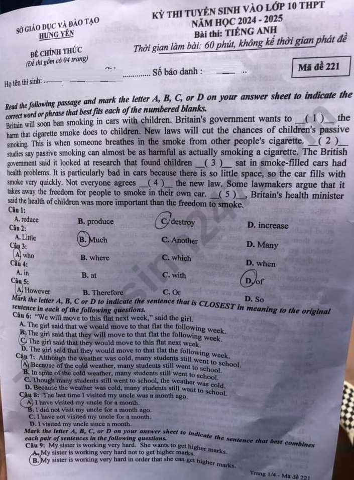 Đề thi vào 10 môn Tiếng Anh chính thức Tỉnh Hưng Yên (2024 - 2025) mới nhất kèm đáp án (ảnh 1)