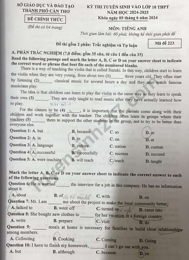 Đề thi vào 10 môn Tiếng Anh chính thức TP Cần Thơ (2024 - 2025) mới nhất kèm đáp án (ảnh 1)