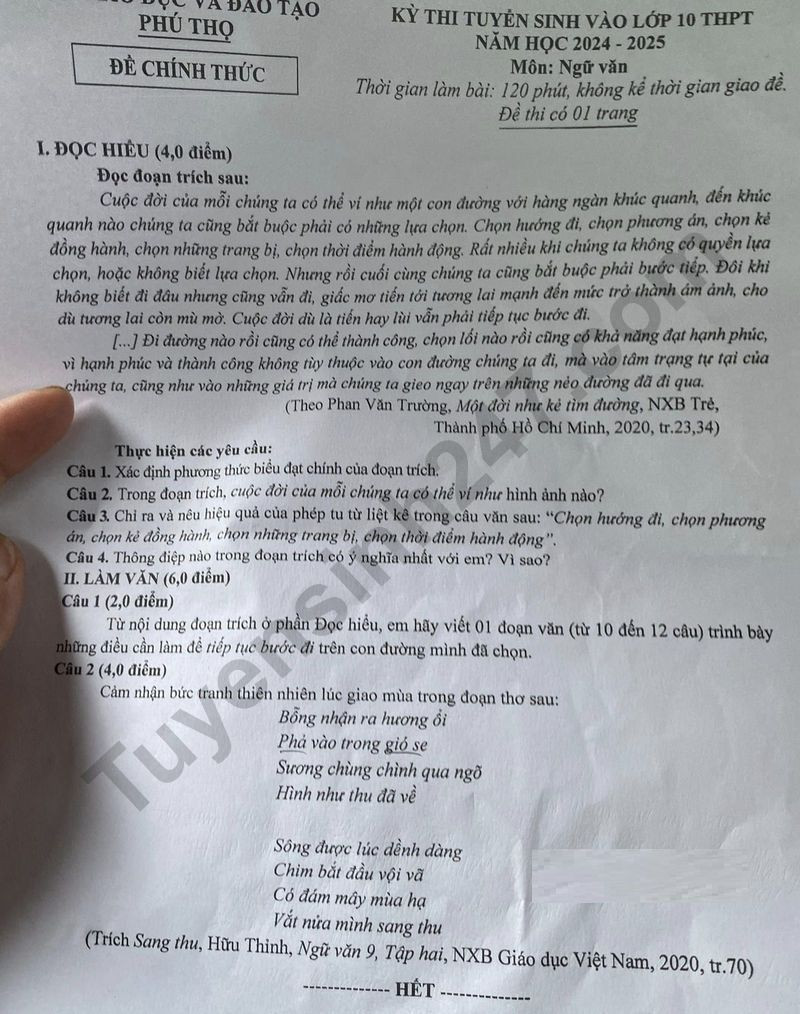 Đề thi vào 10 môn Văn chính thức Tỉnh Phú Thọ (2024 - 2025) mới nhất kèm đáp án (ảnh 1)