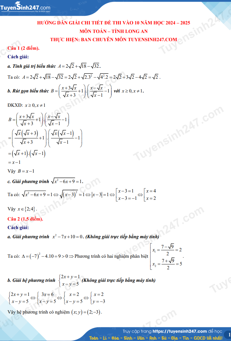 Đề thi vào 10 môn Toán chính thức Tỉnh Long An (2024 - 2025) mới nhất kèm đáp án (ảnh 1)