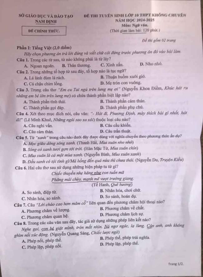 Đề thi vào 10 môn Văn chính thức Tỉnh Nam Định (2024 - 2025) mới nhất kèm đáp án (ảnh 1)