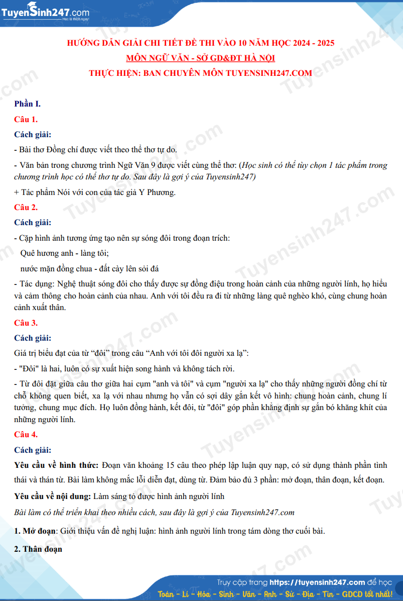 Đề thi vào 10 môn Văn chính thức TP Hà Nội (2024 - 2025) mới nhất kèm đáp án (ảnh 1)